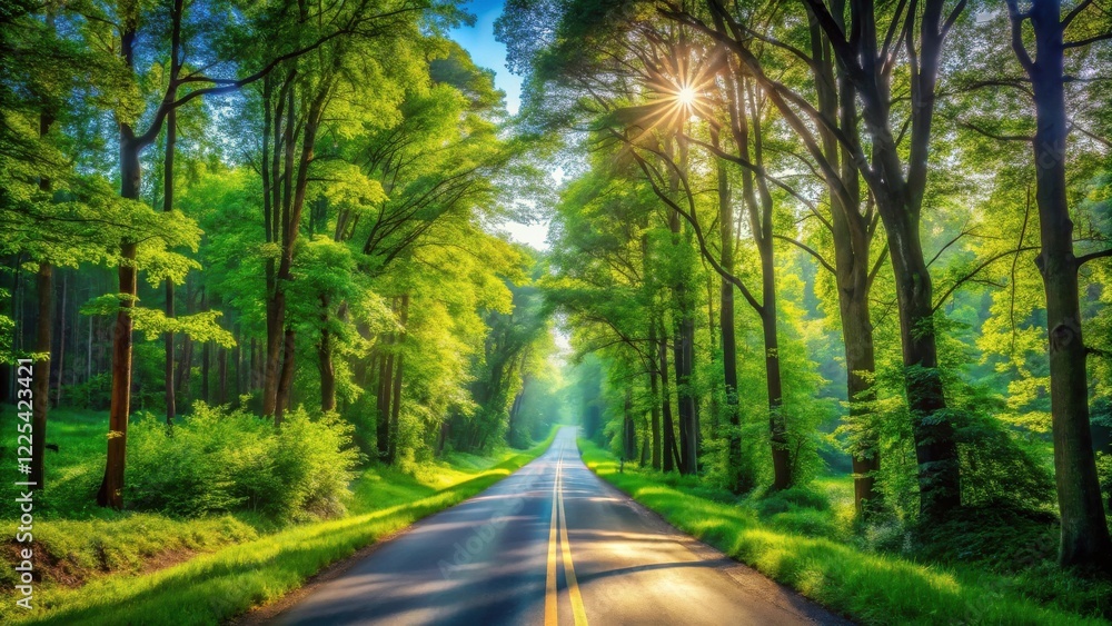 Fototapeta premium Sunlit Road Through Lush Green Canopy of Trees