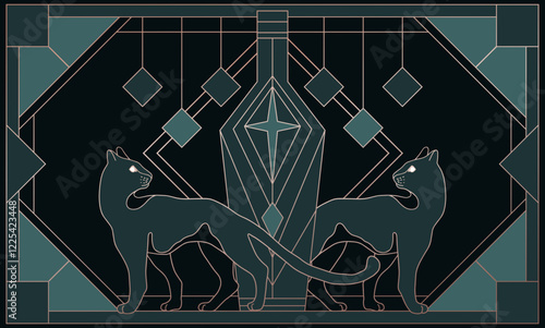 Photography art deco illustration, wild cats, panthers, symmetrical illustration, bottle of