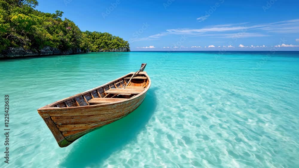 Serene Wooden Boat in Turquoise Water Nature Escape Surrounded by Ocean and Greenery Serene Wooden Boat in Turquoise Water Nature Escape Surrounded by Ocean and Greenery