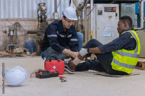First aid support accident at work of worker at factory. Male worker has an accident on the floor in warehouse site.