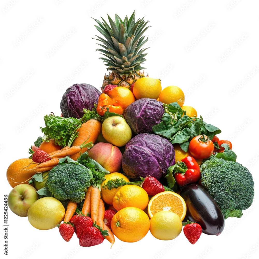 A pile of colorful fruits and vegetables, including apples, oranges, carrots, tomatoes, peppers, lettuce, pineapples, red cabbage, green leafy greens, broccoli, lemons, isolated on white background A pile of colorful fruits and vegetables, including apples, oranges, carrots, tomatoes, peppers, lettuce, pineapples, red cabbage, green leafy greens, broccoli, lemons, isolated on white background