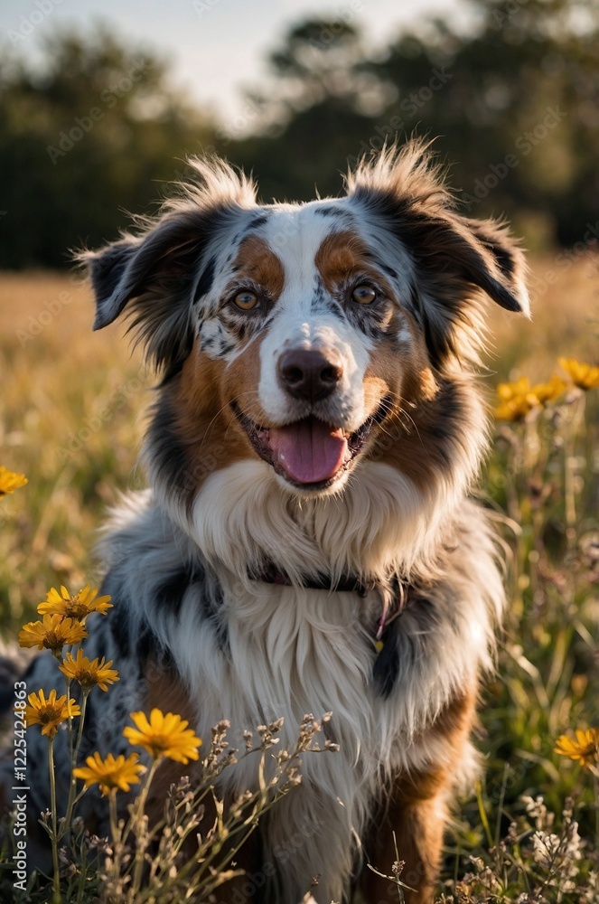 A vibrant and energetic Australian Shepherd dog standing in a grassy field on a sunny day. 