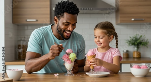 Happy Father and Daughter Enjoying Ice Cream Together in the Kitchen