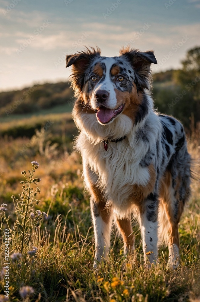 A vibrant and energetic Australian Shepherd dog standing in a grassy field on a sunny day. A vibrant and energetic Australian Shepherd dog standing in a grassy field on a sunny day.