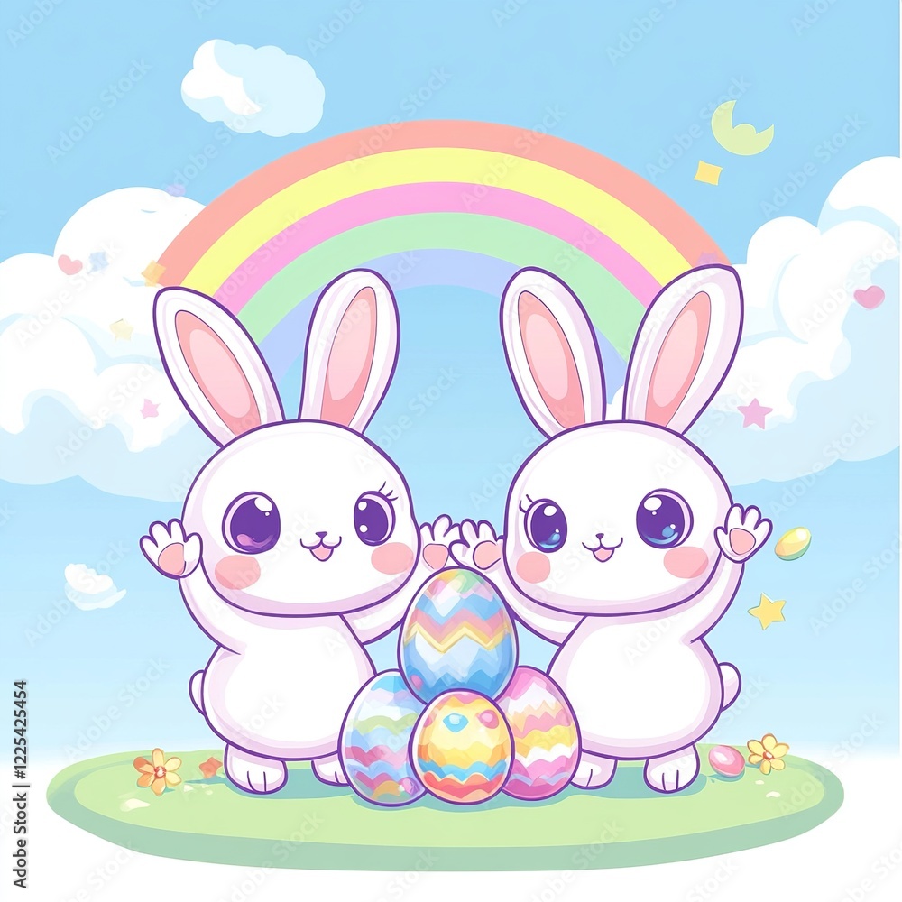 Obraz premium A vibrant kawaii Easter illustration featuring a cute bunny and colorful eggs perfect for festive and cheerful designs.