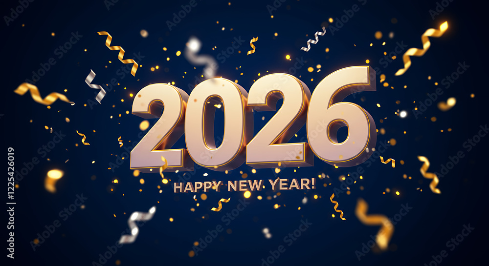 Naklejka premium Golden 2026 Happy New Year Celebration with Confetti