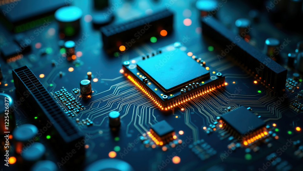 Futuristic Motherboard Close-Up with Glowing Circuits Futuristic Motherboard Close-Up with Glowing Circuits