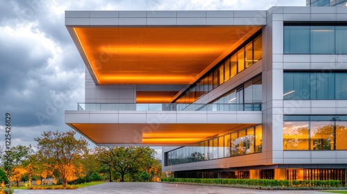 Modern office building exterior at dusk, landscaping, city.  Real estate brochure photo