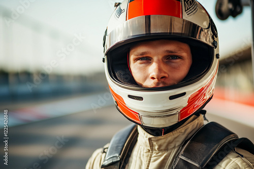 Intense portrait of a focused car racer in a helmet showcasing determination and speed, generative AI