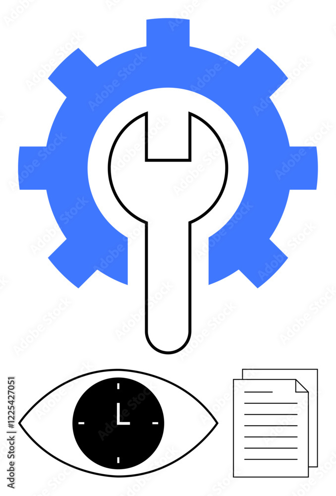 Blue gear and wrench icon for tools, eye with clock symbol for time management, and document for planning. Ideal for workflow, repair, monitoring, optimization, scheduling, management abstract line