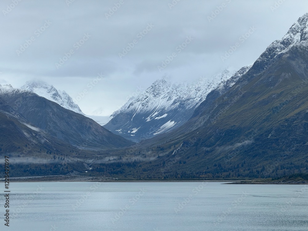 view from the ocean Alaska mountains with snow view from the ocean Alaska mountains with snow