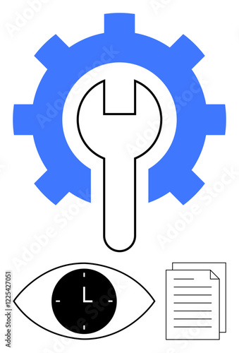 Blue gear and wrench icon for tools, eye with clock symbol for time management, and document for planning. Ideal for workflow, repair, monitoring, optimization, scheduling, management abstract line