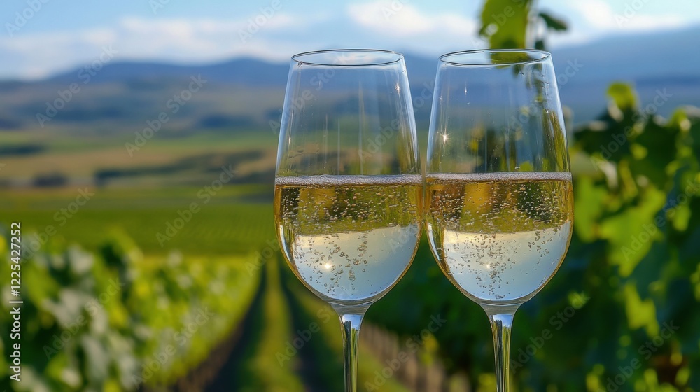 Two wine glasses clink against the backdrop of a vineyard. Two wine glasses clink against the backdrop of a vineyard.