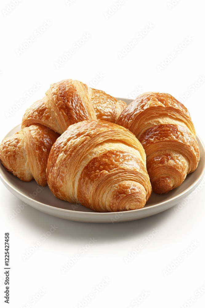 Golden croissants on plate against white background perfect for breakfast food photography Golden croissants on plate against white background perfect for breakfast food photography