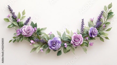 Fototapeta Naklejka Na Ścianę i Meble -  Delicate floral arrangement with purple roses and lavender on a white background for wedding design