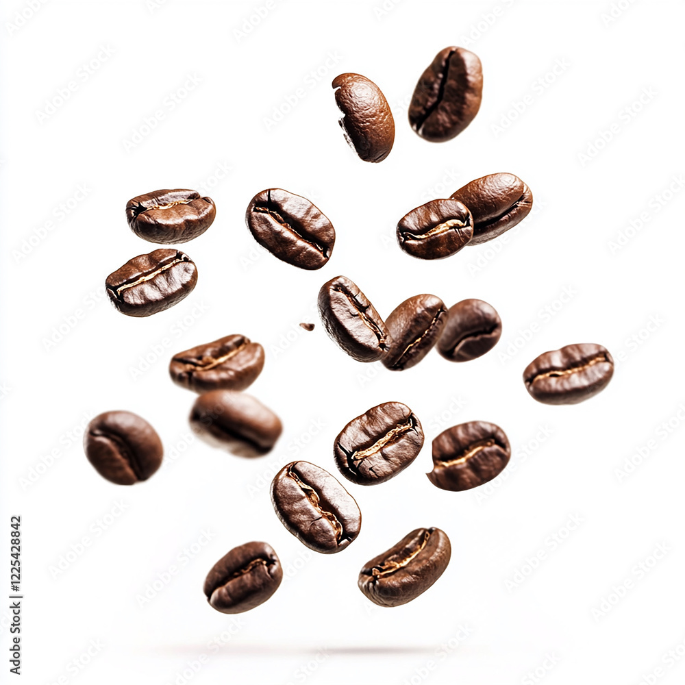 Falling coffee beans isolated on a white background Falling coffee beans isolated on a white background