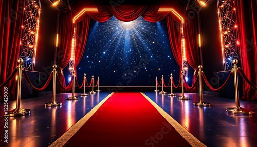 A luxurious red carpet stretches out across the sparkling entrance, leading towards a grand movie premiere backdrop adorned with dazzling lights and velvet ropes