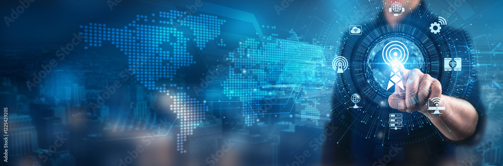 Businessman touching telecommunications network interface system, digital communications, modern technology, global connectivity, mobile data services, wireless communication solutions. Businessman touching telecommunications network interface system, digital communications, modern technology, global connectivity, mobile data services, wireless communication solutions.