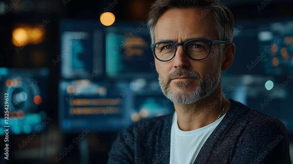 A middle-aged male software developer with glasses, dressed in a casual dark-gray cardigan over a simple white t-shirt, standing in front of a blurred background featuring multiple computer screens wi A middle-aged male software developer with glasses, dressed in a casual dark-gray cardigan over a simple white t-shirt, standing in front of a blurred background featuring multiple computer screens wi