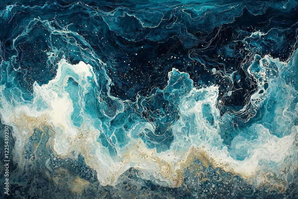Fototapeta premium Abstract ocean waves in teal white and gold Fluid acrylic pour painting