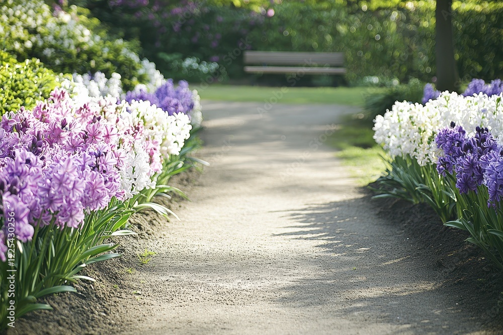 Obraz premium Hyacinth Garden Pathway A garden path flanked by hyacinths in shades of lavender and white, with a wooden bench in the distance