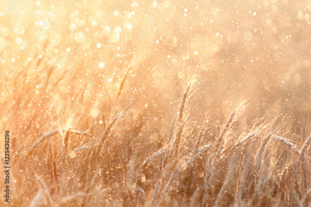 Fototapeta premium Sunlit golden wheat field glistening with dew drops at dawn, creating a serene and tranquil atmosphere