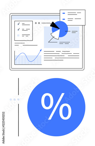 Data analytics dashboard with graphs, pie charts, and text boxes displaying key information. Large percentage sign below dashboard. Ideal for business analytics, presentations, financial reports