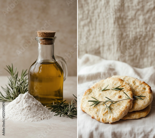 Handmade bread making process. Split photo of olive oil, flour, herbs and ready crisp bread. Italian bakery photo