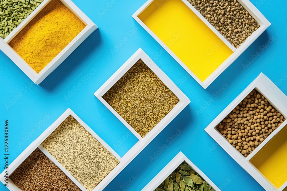 Fototapeta premium Colorful Spices and Herbs in Wooden Trays on Blue Background
