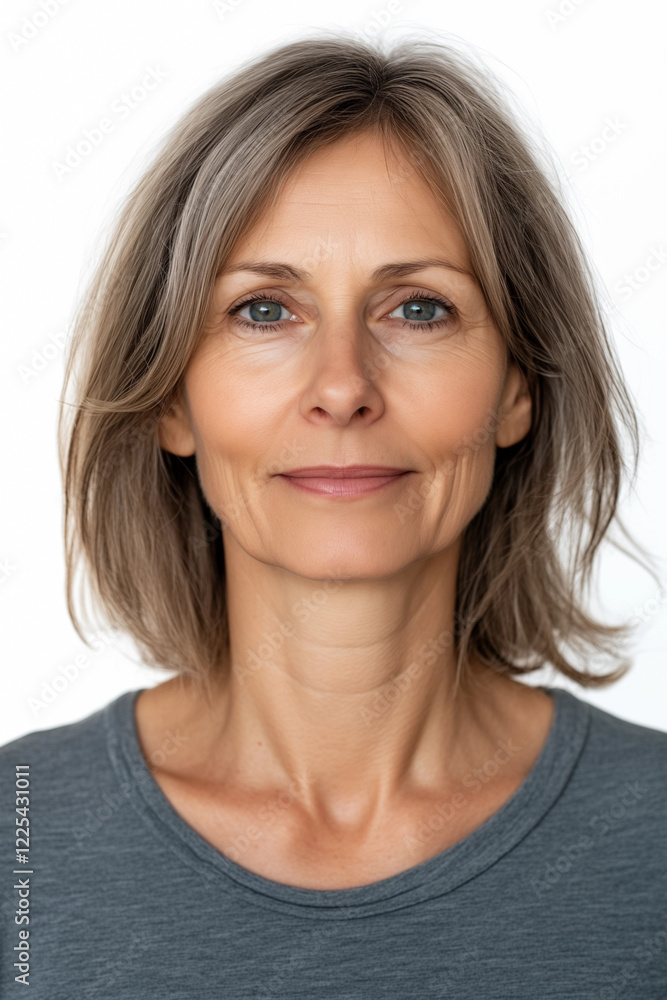 Lächelnde Frau mit 50 Jahren in der Lebensmitte mit grauen Haaren Lächelnde Frau mit 50 Jahren in der Lebensmitte mit grauen Haaren