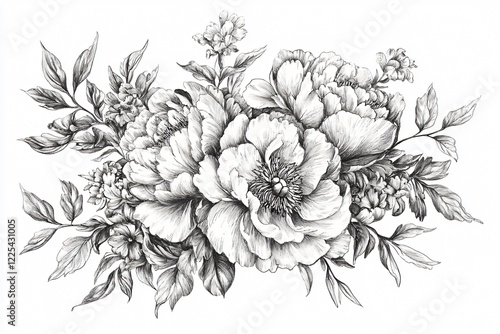 Fototapeta Naklejka Na Ścianę i Meble -  Intricate black and white floral illustration featuring peonies and blossoms with detailed leaves