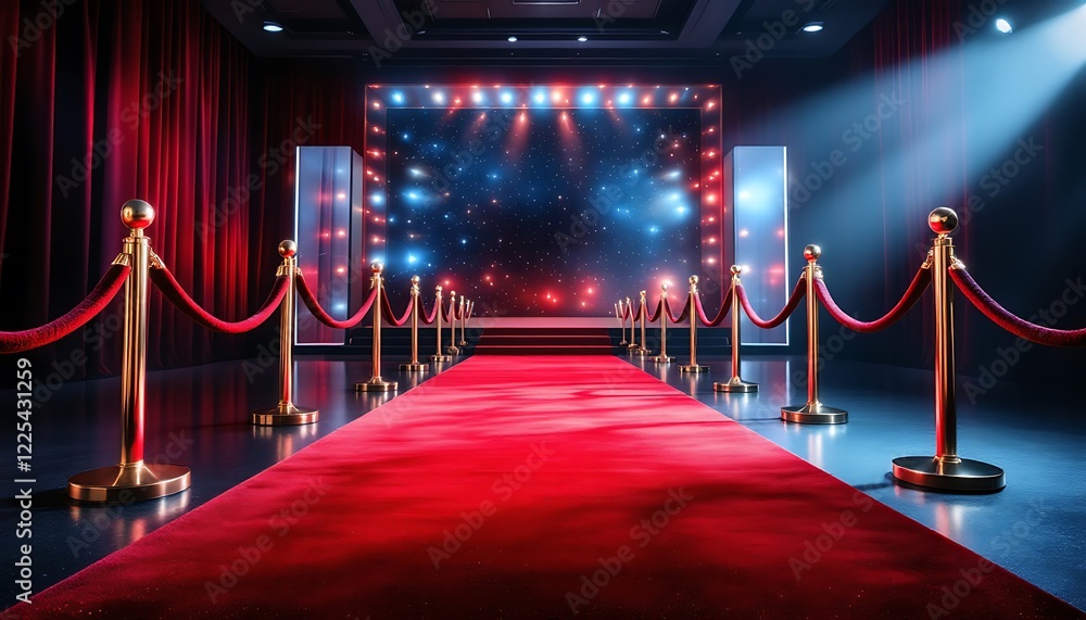 A luxurious red carpet stretches out across the sparkling entrance, leading towards a grand movie premiere backdrop adorned with dazzling lights and velvet ropes A luxurious red carpet stretches out across the sparkling entrance, leading towards a grand movie premiere backdrop adorned with dazzling lights and velvet ropes