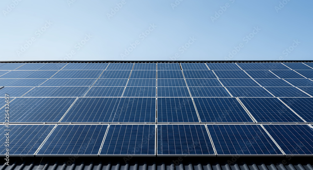 Large-Scale Solar Panel Installation on a Roof Against a Blue Sky Large-Scale Solar Panel Installation on a Roof Against a Blue Sky