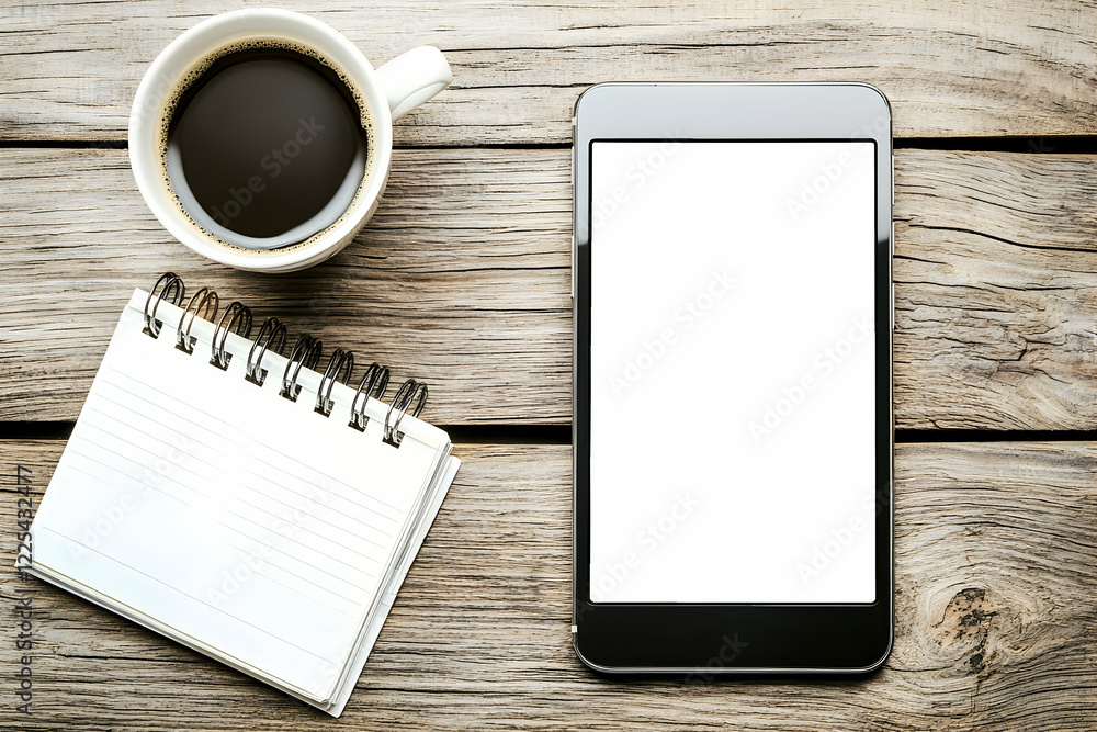 Wooden Desk Setup with Coffee Tablet and Notepad Wooden Desk Setup with Coffee Tablet and Notepad