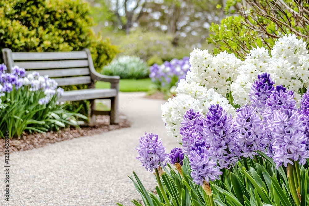 Obraz premium Hyacinth Garden Pathway A garden path flanked by hyacinths in shades of lavender and white, with a wooden bench in the distance