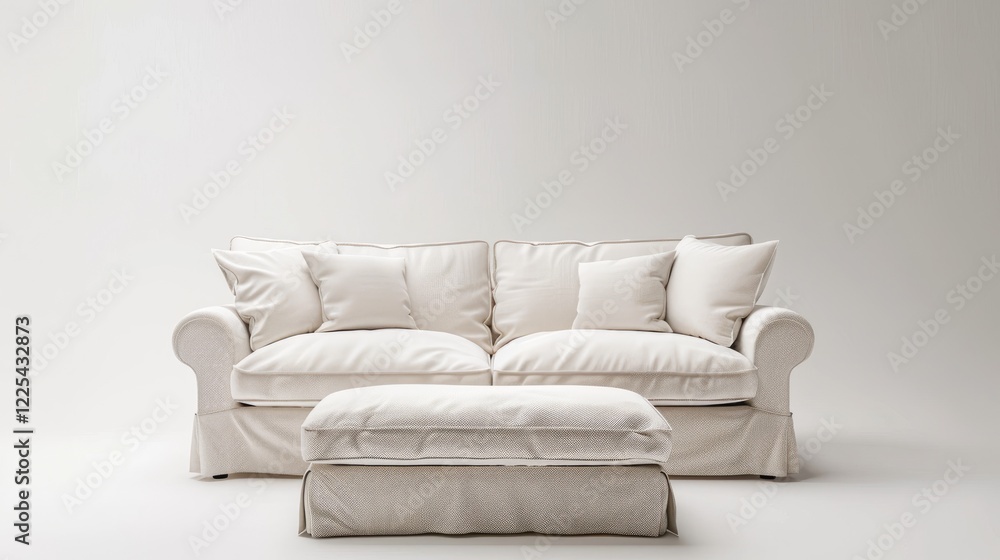 Comfortable couch and footstool on white backdrop Comfortable couch and footstool on white backdrop