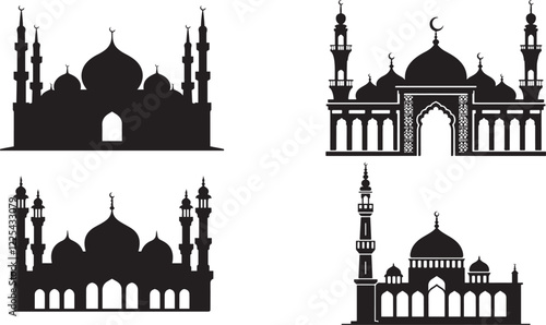 Black Mosque icon silhouette vector set on white background. Islamic .