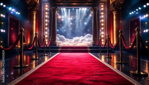 A luxurious red carpet stretches out across the sparkling entrance, leading towards a grand movie premiere backdrop adorned with dazzling lights and velvet ropes