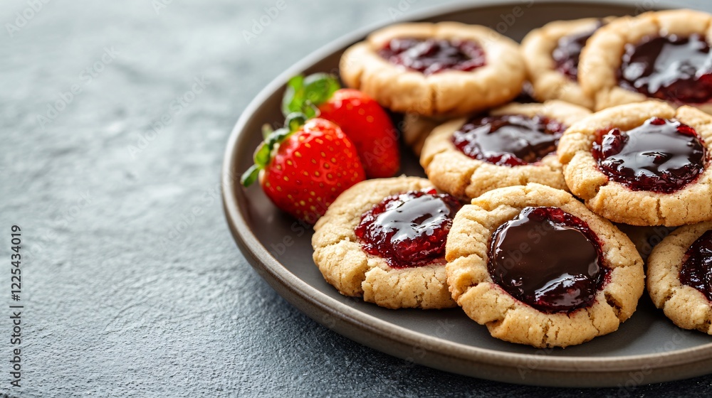 Cookies with alternating strawberry jam and chocolate centers, styled on a round ceramic plate, isolated on gray background Cookies with alternating strawberry jam and chocolate centers, styled on a round ceramic plate, isolated on gray background