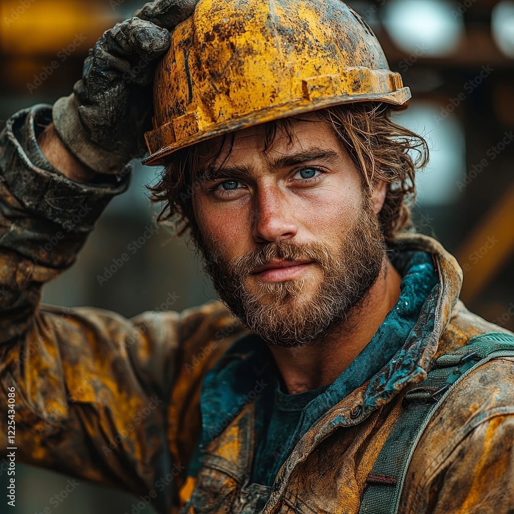 Hardworking Construction Worker Adjusting Helmet with Resolute Expression Amid Steel Beams Hardworking Construction Worker Adjusting Helmet with Resolute Expression Amid Steel Beams