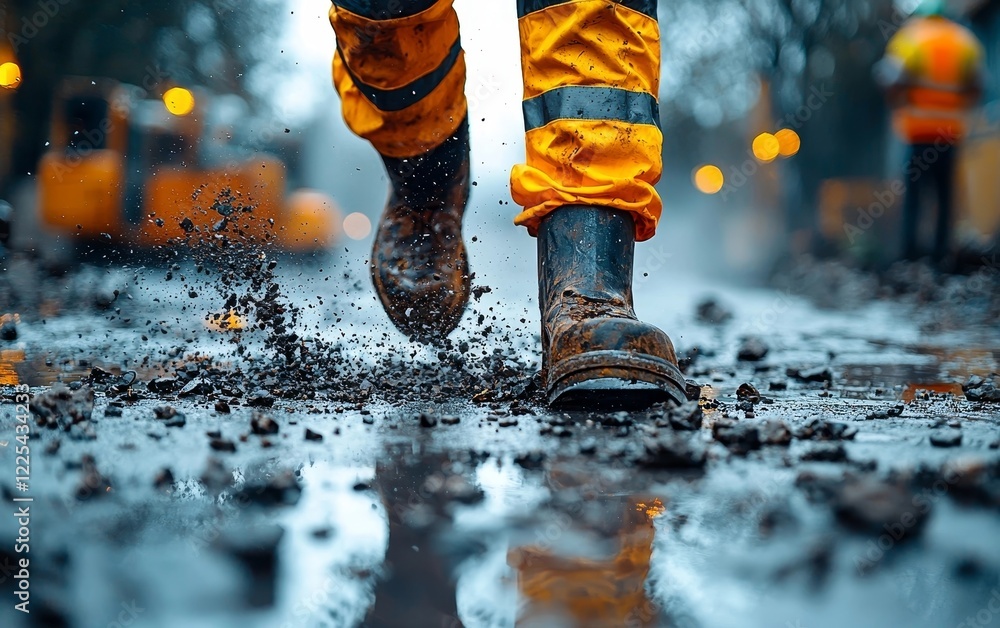 Hardworking Construction Worker with Jackhammer Amid Dust and Debris in Wet City Street Hardworking Construction Worker with Jackhammer Amid Dust and Debris in Wet City Street