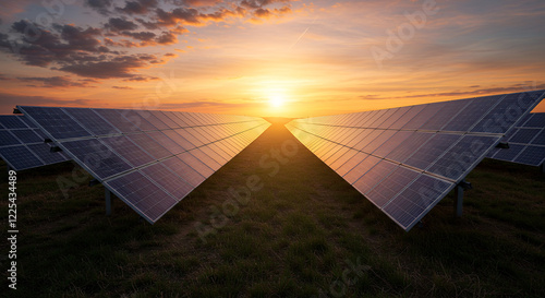 Majestic Sunset Over Vast Solar Panel Farm, Renewable Energy Power Generation photo