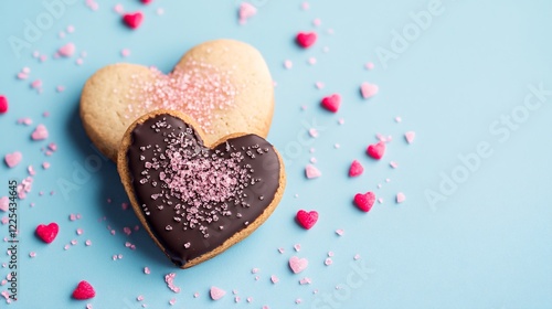 Heart cookies dipped halfway in chocolate and sprinkled with pink sugar crystals, isolated on a light blue background