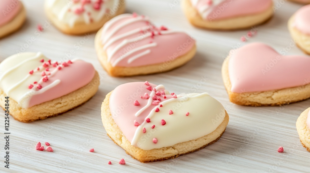 Heart cookies filled with strawberry cream and dipped in white chocolate, isolated on a light wooden surface Heart cookies filled with strawberry cream and dipped in white chocolate, isolated on a light wooden surface