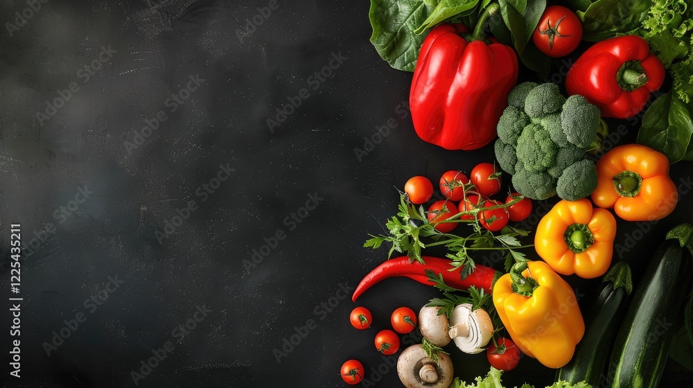Fresh vegetables background with space for displaying products on black background. View from above. Fresh vegetables background with space for displaying products on black background. View from above.