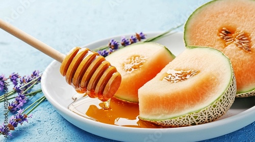 Fresh Melon Slices Drizzled with Golden Honey and Lavender Accents photo