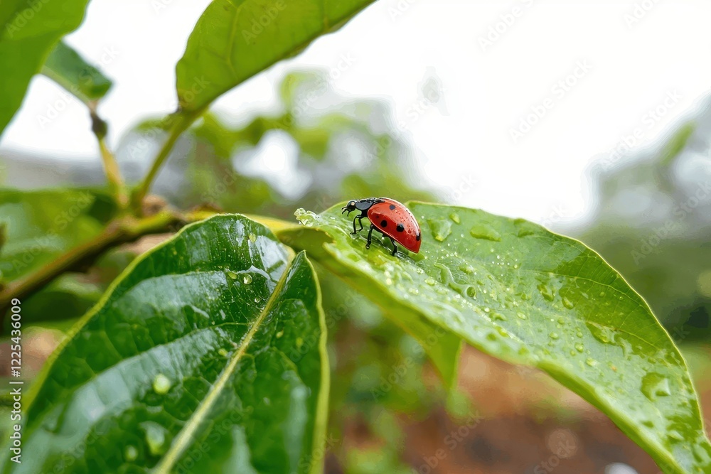 Ladybug on a Leaf A bright red ladybug crawling on a fresh green leaf with water droplets Ladybug on a Leaf A bright red ladybug crawling on a fresh green leaf with water droplets