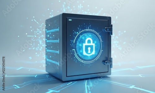 A sleek metallic safe with a glowing interface, featuring a holographic padlock symbol and radiating neon-blue light, surrounded by interconnected data nodes in a minimalist white environment.