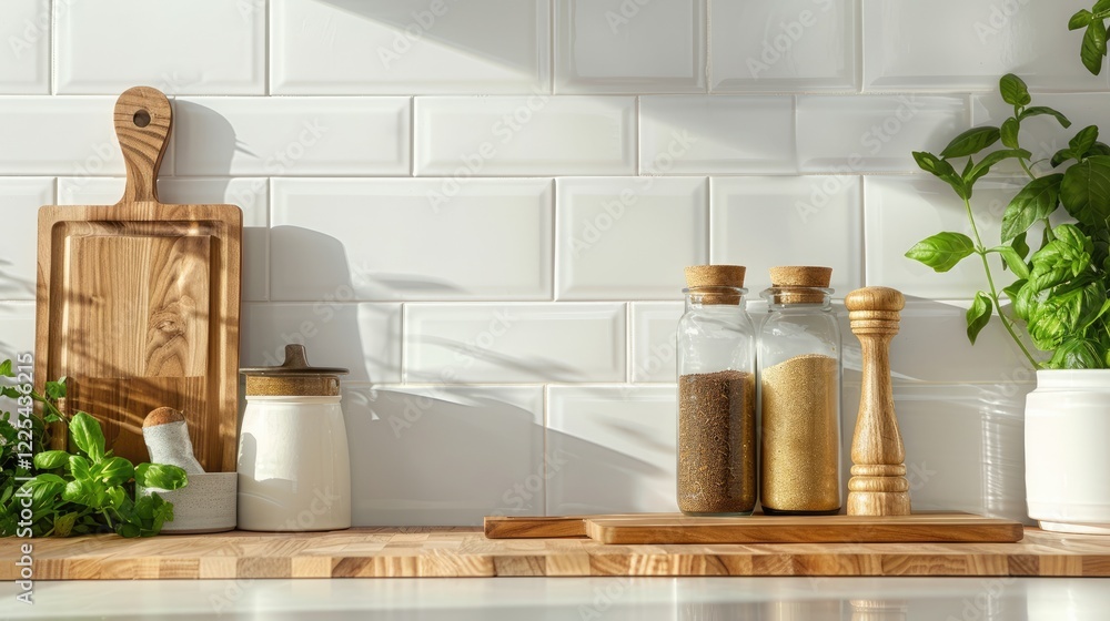 Kitchen items displayed on white tile - spice boxes, cutting board, green leaves, with space for product showcase. Front view, simple advertisement scene. Kitchen items displayed on white tile - spice boxes, cutting board, green leaves, with space for product showcase. Front view, simple advertisement scene.