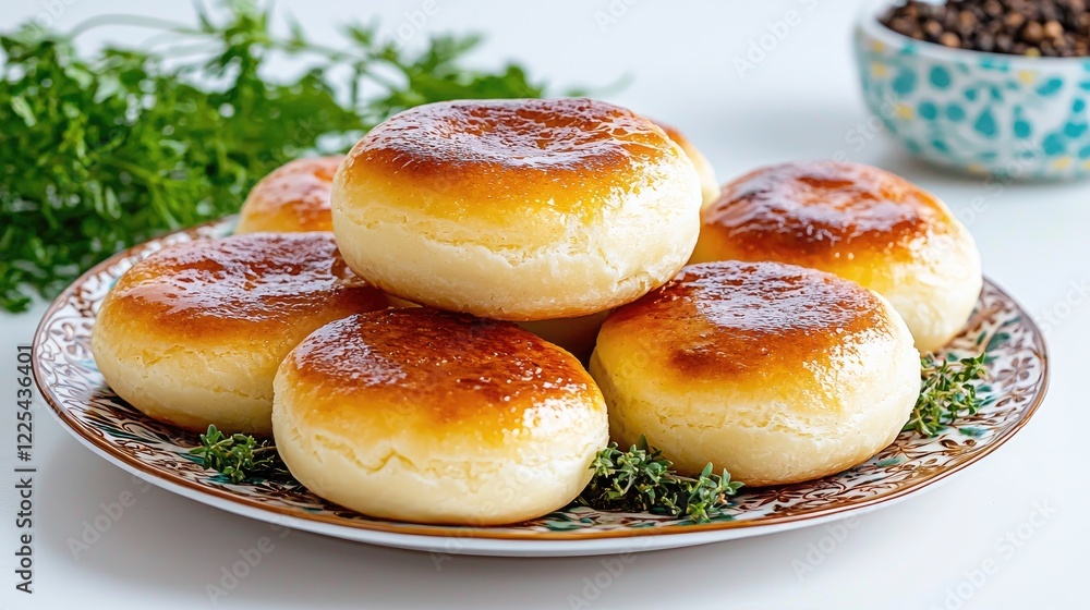 Golden baked cheese buns on plate, herbs nearby. Food photography for recipe blogs Golden baked cheese buns on plate, herbs nearby. Food photography for recipe blogs